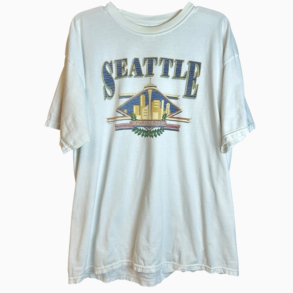 Vintage 90s Seattle Washington T-Shirt Mens Size XL White Art Print Grunge